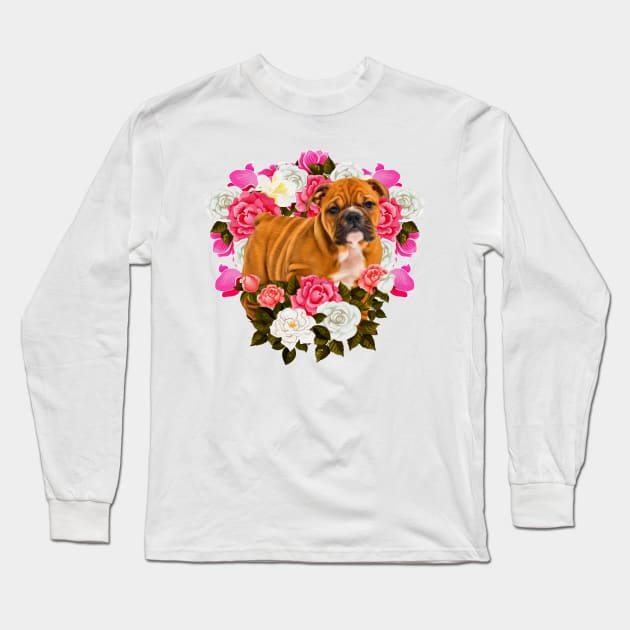 English Bulldog Puppy with flowers Long Sleeve T-Shirt by Nartissima